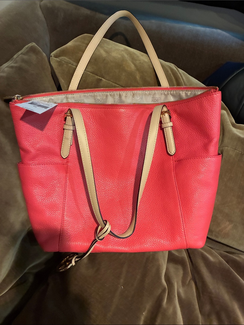 Michael Kors Coral-Red Leather Tote with Beige Straps